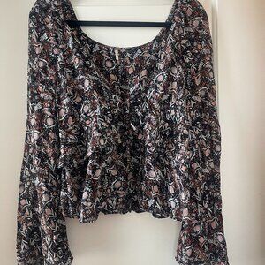 Free People Orange and Black Floral Ruffled Top Bell Sleeves Size Small